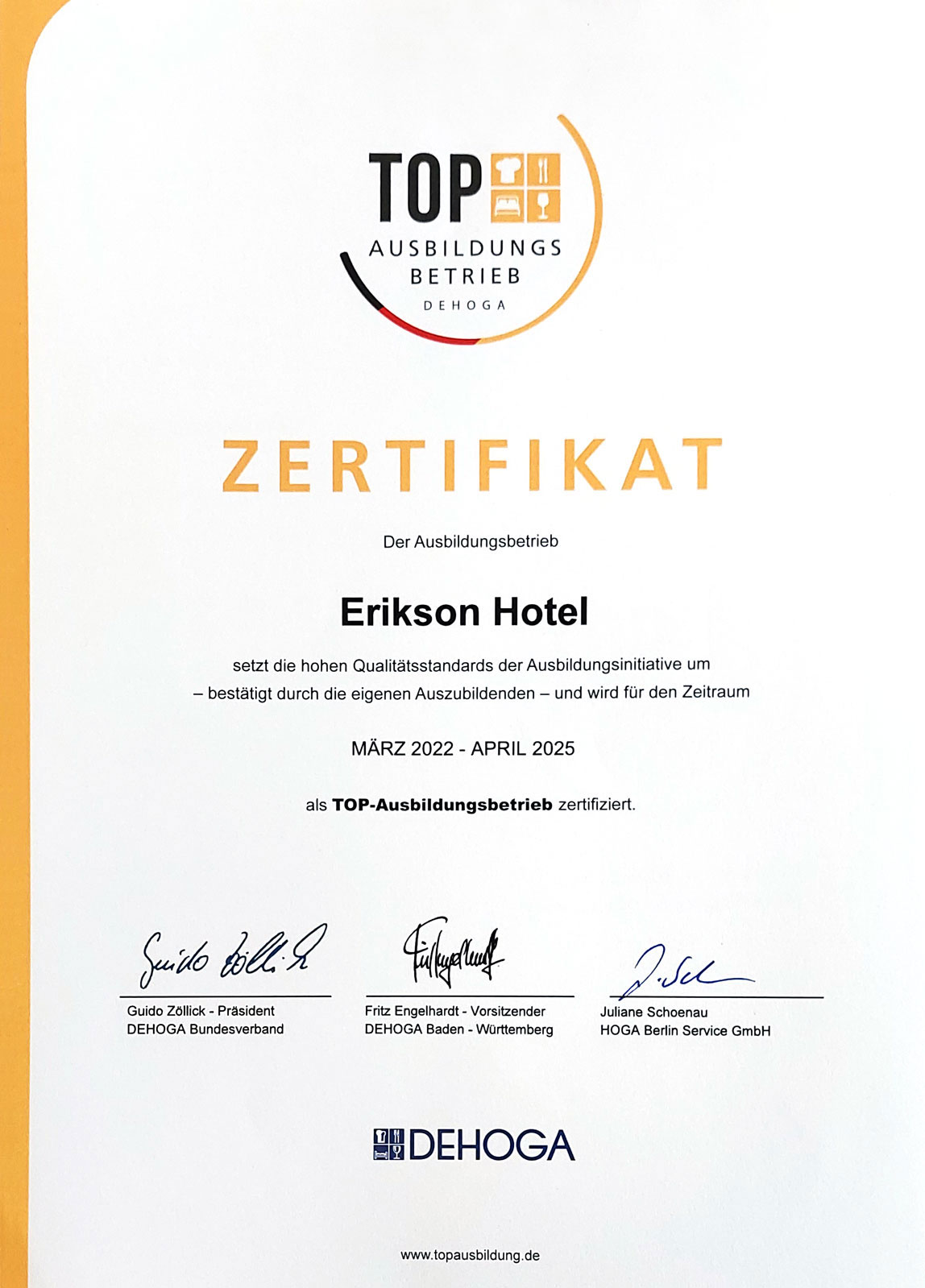 Erikson_Hotel_Ausbildungsbetrieb_Zertifikat